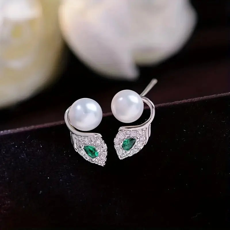 Elegant Freshwater Pearl Earrings with Green Leaf Design