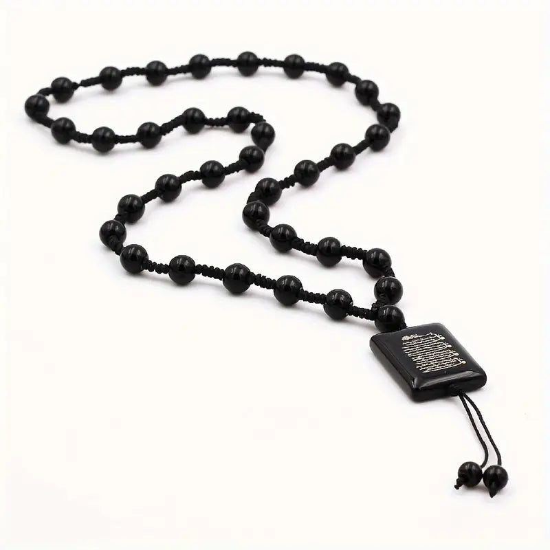 Elegant Black Glass Bead Islamic Prayer Beads with Arabic Calligraphy Charm