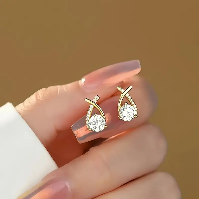 Pair of Elegant Golden-Tone Cross-Design Stud Earrings with Sparkling Cubic Zirconia