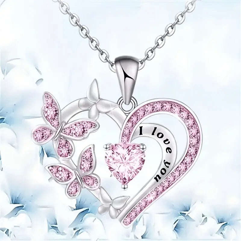 Simple Necklace with Fashion Love Butterfly and Micro-Paved Rhinestones l love you