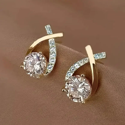 Pair of Elegant Golden-Tone Cross-Design Stud Earrings with Sparkling Cubic Zirconia